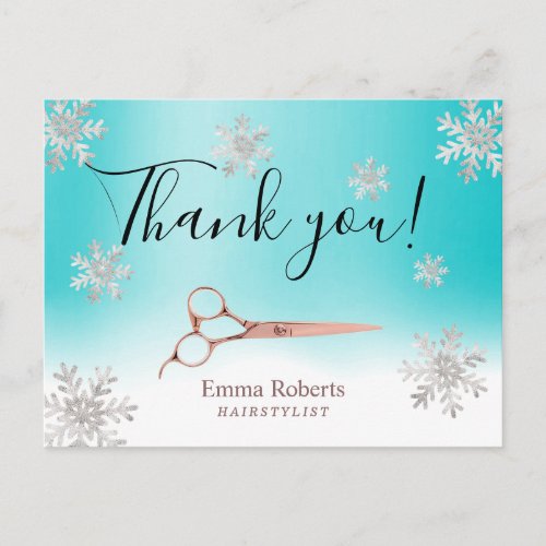 Hair Stylist Turquoise Winter Snowflakes Thank You Postcard