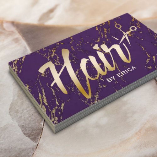 Hair Stylist Typography Modern Gold Purple Marble Business Card