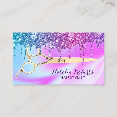 Hair Stylist Unicorn Blue Pink Glitter Drips Salon Business Card