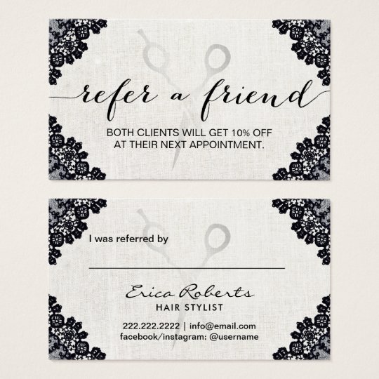 Hair Stylist Vintage Black Laced Salon Referral Business Card Zazzle Com Salon Referral Cards Templates