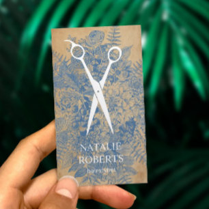 Hair Stylist Vintage Blue Floral Rustic Kraft Business Card