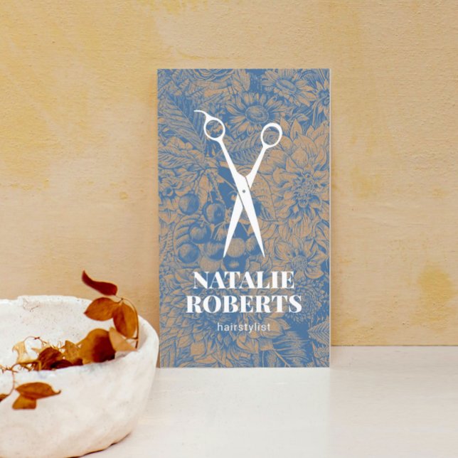 Hair Stylist Vintage Blue Floral Rustic Kraft Business Card (Creator Uploaded)
