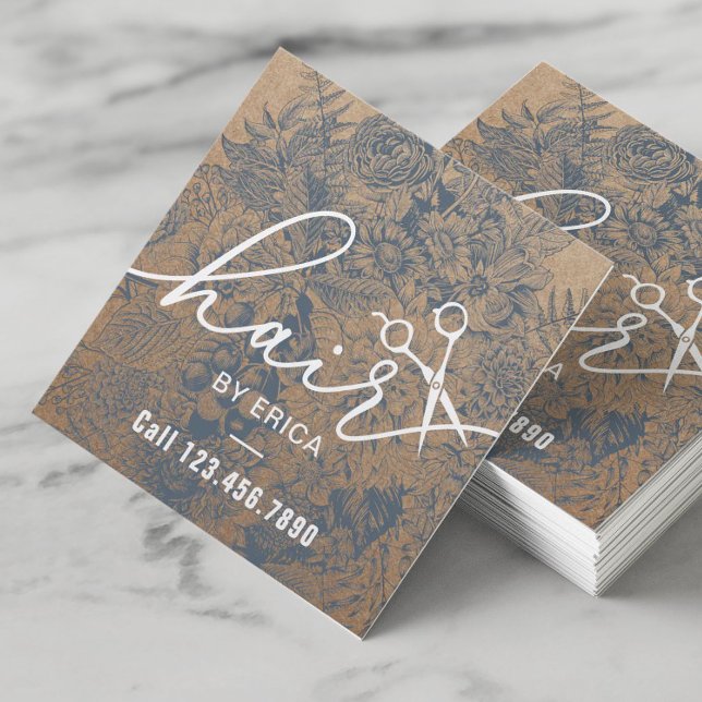 Hair Stylist Vintage Blue Floral Rustic Kraft Square Business Card (Creator Uploaded)