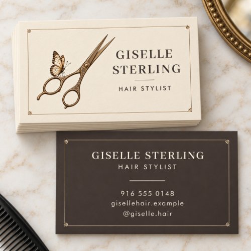 Hair Stylist Vintage Bronze Scissors Butterfly Business Card