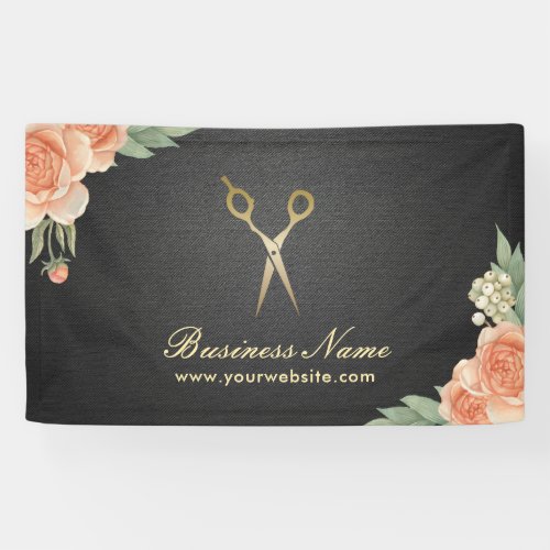 Hair Stylist Vintage Floral Elegant Black  Gold Banner