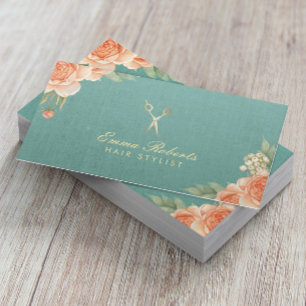 Hair Stylist Vintage Floral Elegant Green Linen Business Card