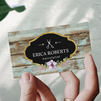 Hair Stylist Vintage Floral Rustic Barn Wood Business Card by cardfactory at Zazzle