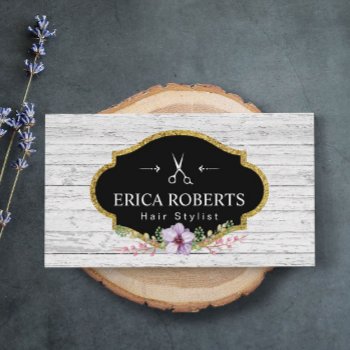 Hair Stylist Vintage Floral Rustic Wood Business Card by cardfactory at Zazzle
