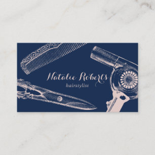 Hair Stylist Vintage Scissor Comb Hair Dryer Navy Business Card