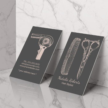 Hair Stylist Vintage Scissor & Comb Pink & Gray Business Card by cardfactory at Zazzle