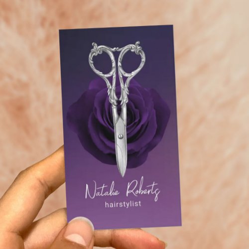 Hair Stylist Vintage Scissor  Flower Purple Salon Business Card