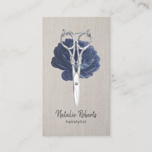 Hair Stylist Vintage Scissor  Navy Flower Linen Business Card