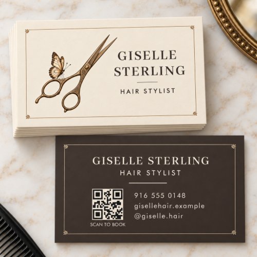 Hair Stylist Vintage Scissors Butterfly QR Code Business Card