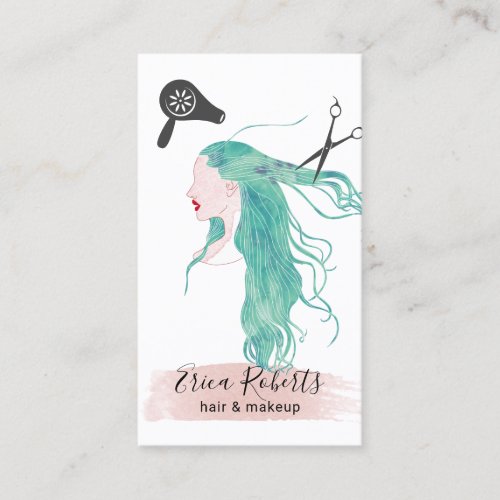 Hair Stylist Watercolor Beauty Girl Teal Hair Business Card