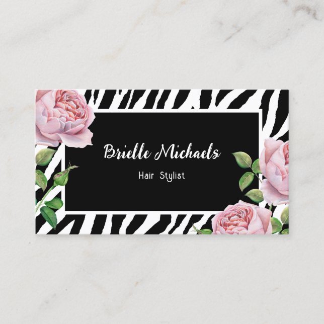 Hair Stylist Zebra Rose Glam Business Card (Front)