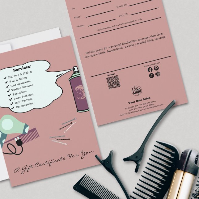 Hair Tools Pink Salon Gift Certificate Flat Card (Whimsical Hair Tools Pink Salon Gift Certificate Flat Card, Logo, QR Code, Note, Social)