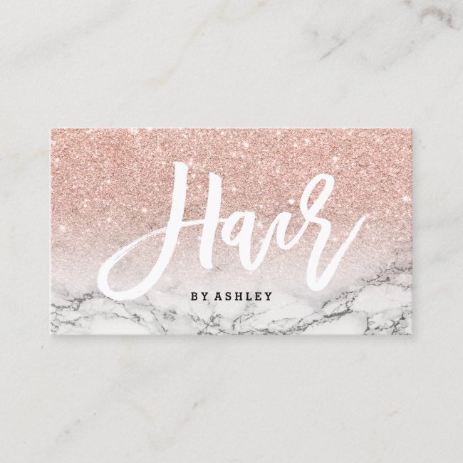 Hair typography rose gold glitter marble business card