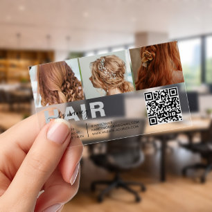 Hair Typography Script 3 Photo Collage QR Code Clear Business Cards