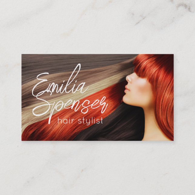 Haircut Stylist Long Red Hair Business Card (Front)