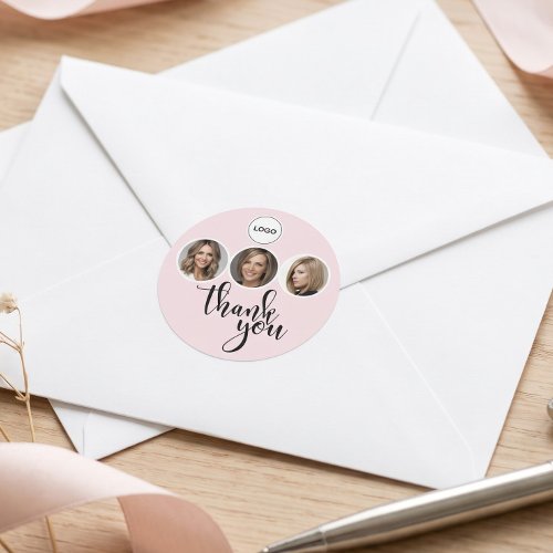 Hairdresser Blush Pink 3 Photo Logo Thank You Classic Round Sticker