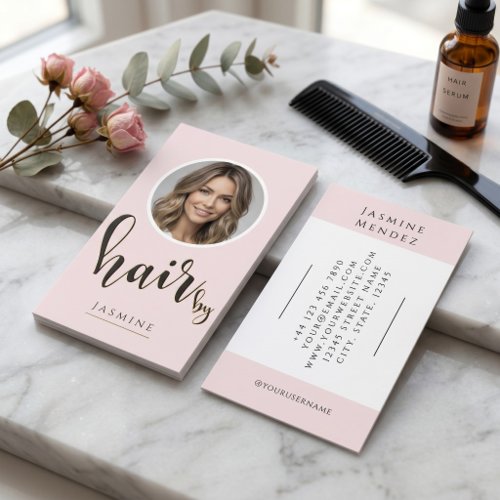 Hairdresser Blush Pink Black Script Photo Business Card