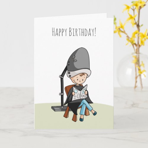 Hairdresser Girl in Hair Dryer Happy Birthday Card