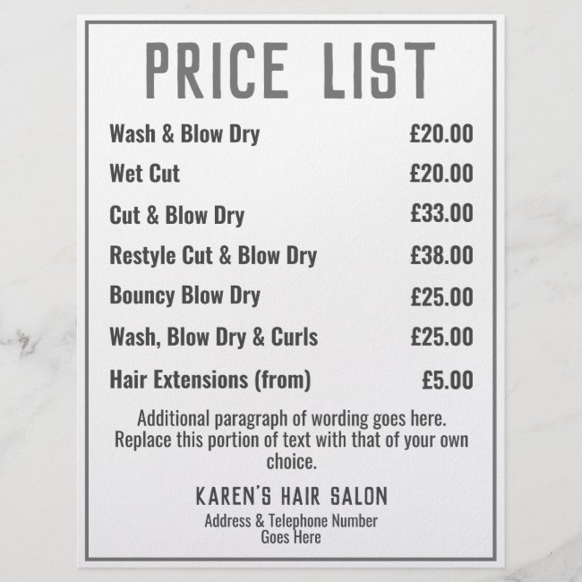 Hairdresser Hair Salon Leaflet Price List Flyer
