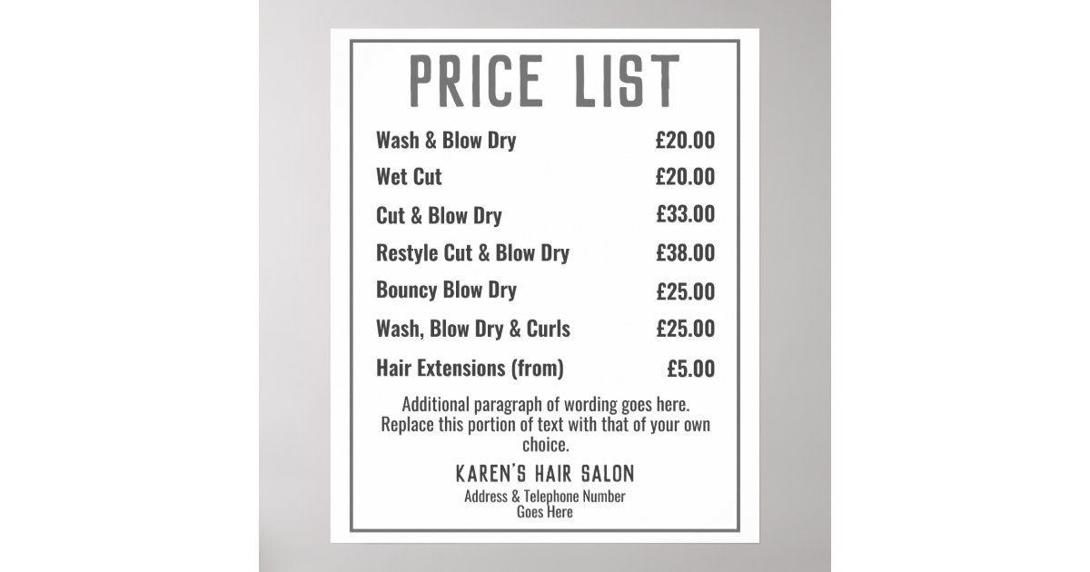 Hairdresser Hair Salon Price List Poster  Zazzle