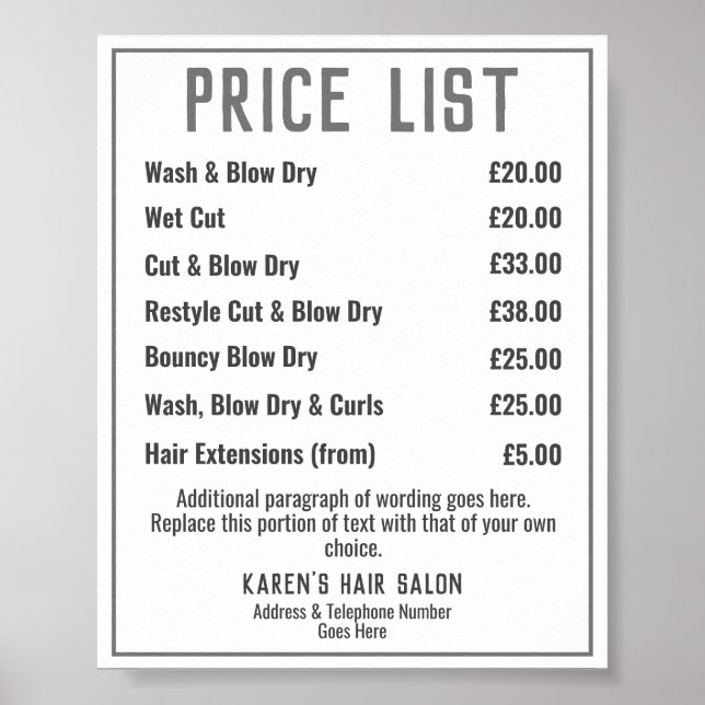 Hairdresser Hair Salon Price List Poster (Front)