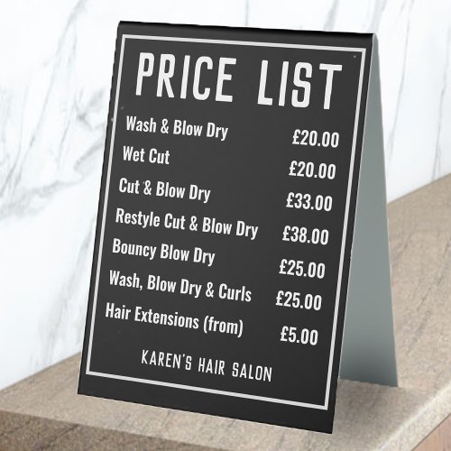 Hairdresser Hair Salon Price List Table Tent Sign