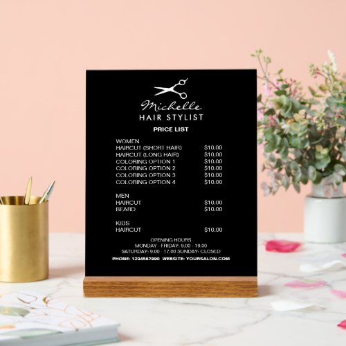 Hairdresser hair stylist salon price list display