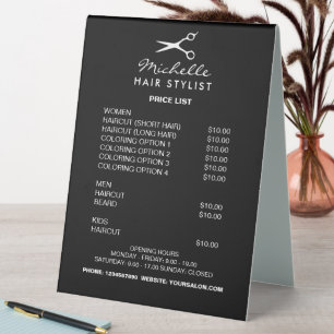 Hairdresser hair stylist salon price list menu table tent