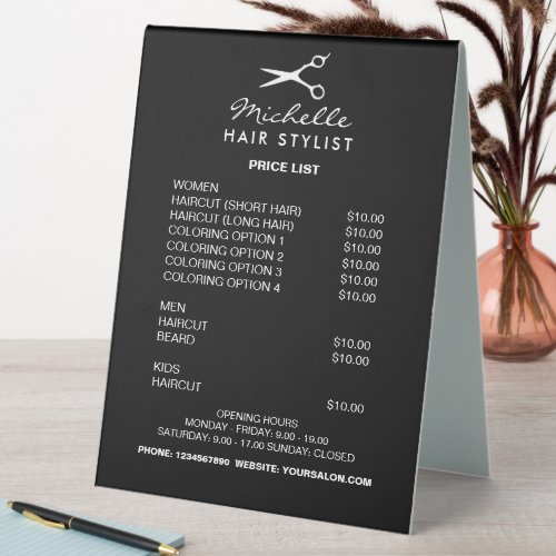 Hairdresser hair stylist salon price list menu table tent sign