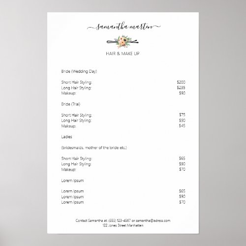 hairdresser hairpin flowers price lists poster
