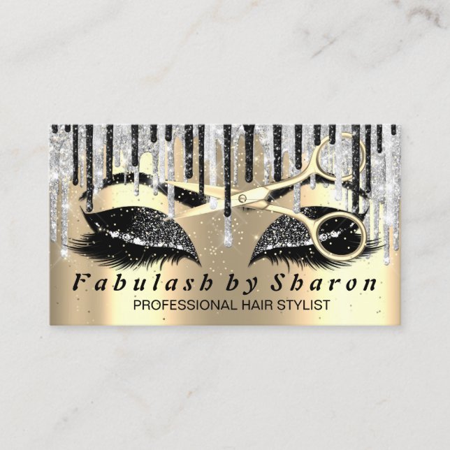 Hairdresser Makeup Eyelash Gold Scissors Gray Drip Business Card (Front)