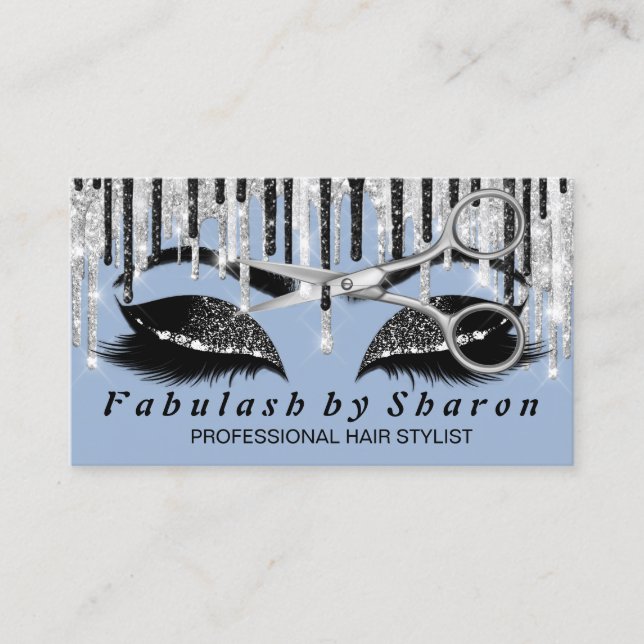 Hairdresser Makeup Eyelash Silver Smoky Blue Gray Business Card (Front)