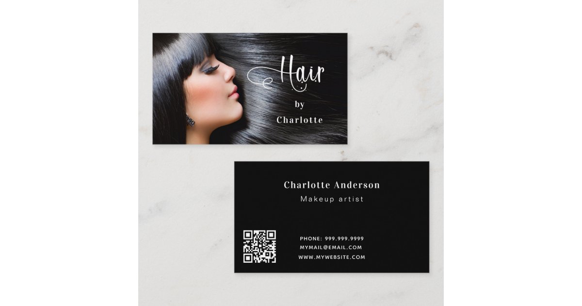 Hairdresser photo script beauty QR code Business Card | Zazzle