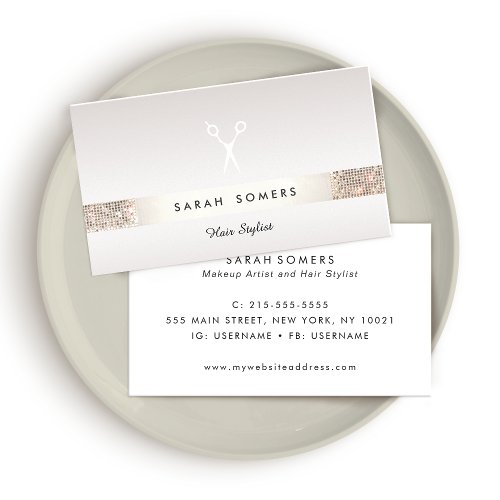 Hairdresser Scissors Logo FAUX Silver Sequin Taupe Business Card