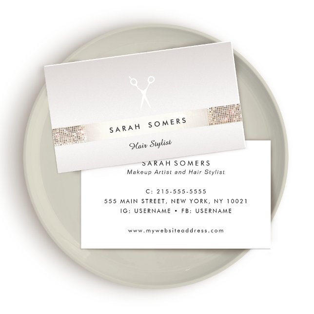 Hairdresser Scissors Logo FAUX Silver Sequin Taupe Business Card (Creator Uploaded)