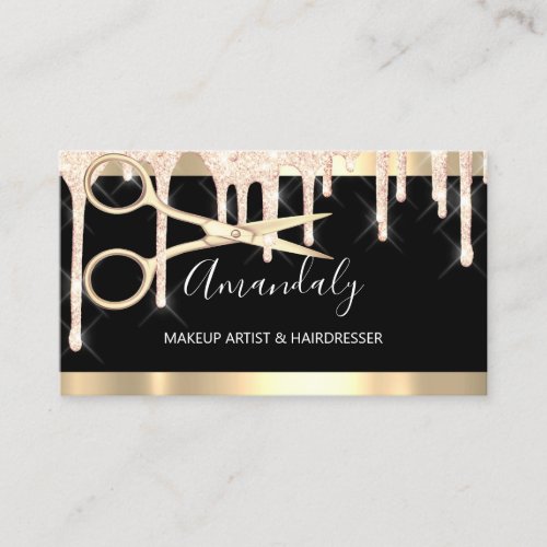 Hairdresser Scissors Makeup Black Gold Drips Business Card