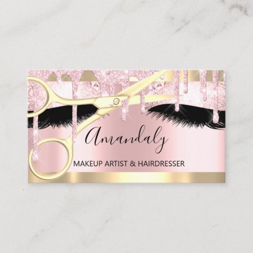 Hairdresser Scissors Makeup Gold Pink Drips Business Card