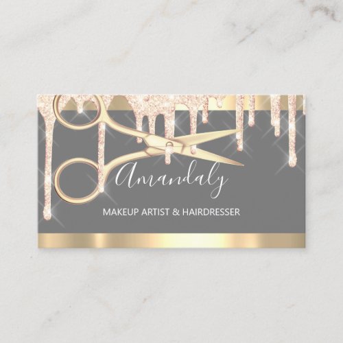 Hairdresser Scissors Makeup Gray Gold Drips Business Card