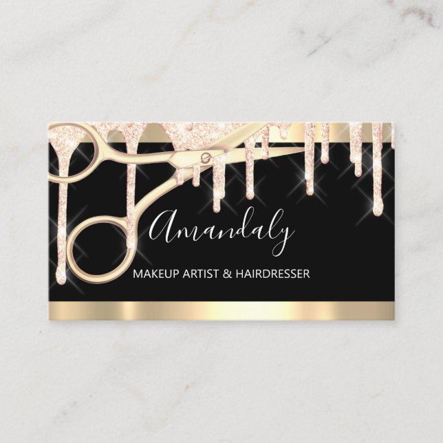 Hairdresser Scissors Makeup Rose Black Drips Business Card (Front)