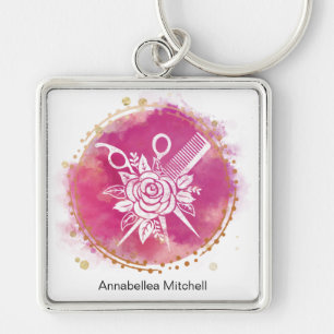 Hairdresser Stylist Beautician Scissors Pink Rose Keychain