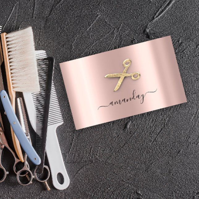 Hairdresser Stylist Golden Scissors Rose Blush  Business Card (Hairdresser Stylist Golden Scissors Rose Blush Business Card)