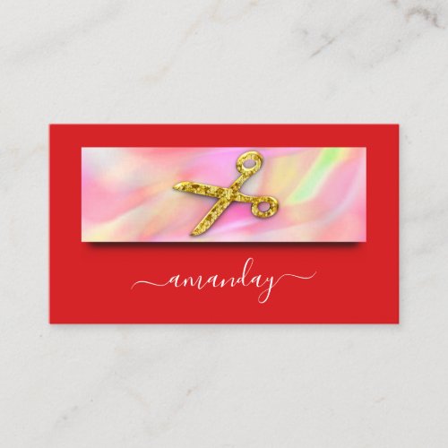 Hairdresser Stylist Scissors Holograph Gold Red Business Card