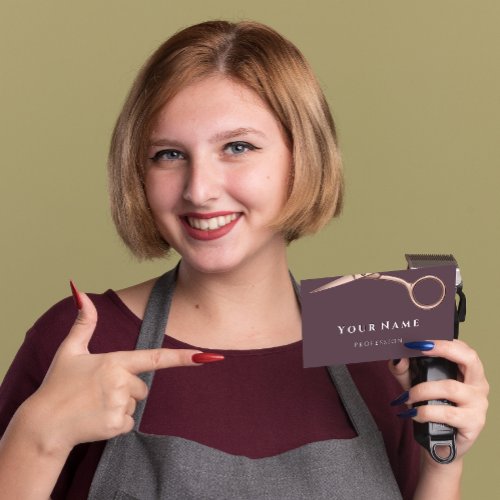 Hairdresser Stylist Scissors Rose Modern Eggplant Business Card