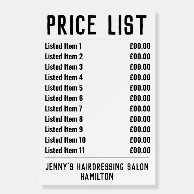 Hairdressing Salon Price List Foam Board (Front)