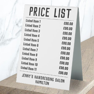 Hairdressing Salon Price List Table Tent Sign