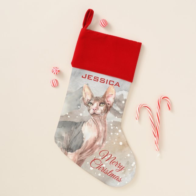 Hairless cat in snowfall farmhouse style Merry  Christmas Stocking (Front)